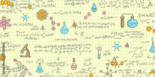 School chemical formulas .Notebook school paper.Handwritten formulas background.Letters and numbers .Vector illustration.	