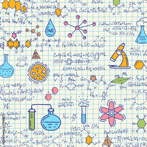 School chemical formulas .Notebook school paper.Handwritten formulas background.Letters and numbers .Vector illustration.	