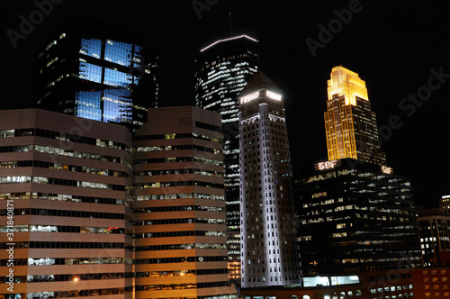 Downtown Minneapolis at night with highrise office towers lights photo