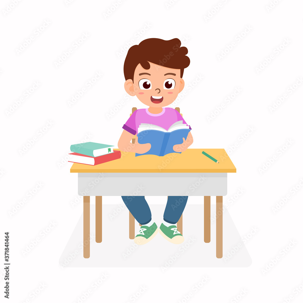 Kindergarten student write and read a book while learning in the classroom. Concept vector illustration for education and back to school of children isolated on white background. Kindergarten student write and read a book while learning in the classroom. Concept vector illustration for education and back to school of children isolated on white background.