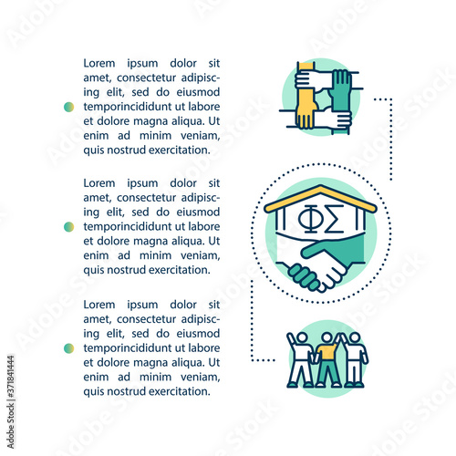College brotherhood concept icon with text. High school sorority. University fraternity PPT page vector template. Brochure, magazine, booklet design element with linear illustrations