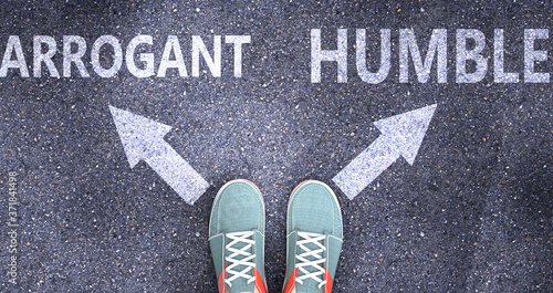 Принти на полотні Arrogant and humble as different choices in life - pictured as words Arrogant, h