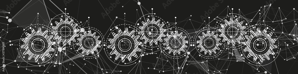 Fototapeta premium Technical drawing of gears on a black background.Engineering Technology Project. Industrial mechanics Vector illustration.