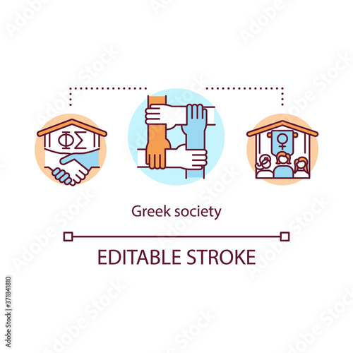 Greek society concept icon. Fraternity organization. Sorority and student brotherhood. College life idea thin line illustration. Vector isolated outline RGB color drawing. Editable stroke
