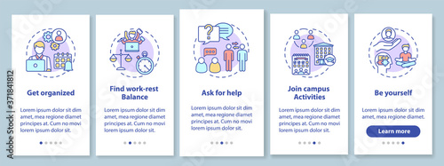 Student selfcare onboarding mobile app page screen with concepts. College life walkthrough 5 steps graphic instructions. University lifestyle UI vector template with RGB color illustrations