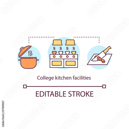College kitchen facilities concept icon. University cafeteria. School cantine. Service for student. College life idea thin line illustration. Vector isolated outline RGB color drawing. Editable stroke