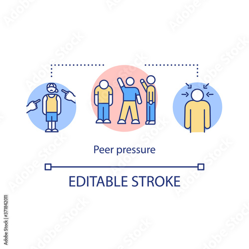Peer pressure concept icon. Racial harassment in group. University community bullying. College life idea thin line illustration. Vector isolated outline RGB color drawing. Editable stroke