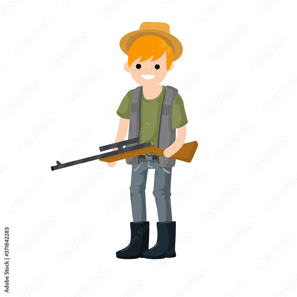 Man hunter with gun. Guy with rifle. Shooter and weapon. Cartoon flat illustration. Equipment for hunting animals
