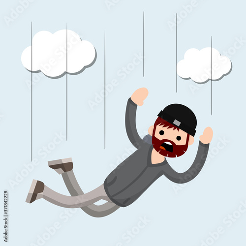 Falling man. horror and fear of heights - phobia Acrophobia. Cartoon flat illustration. Flight among clouds. Drop young guy