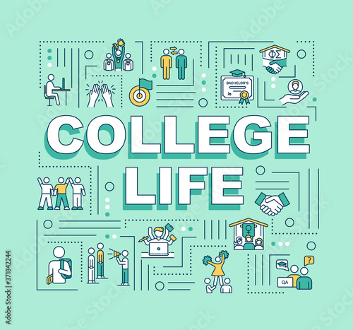 College life word concepts banner. Student living. University lifestyle. Infographics with linear icons on mint background. Isolated typography. Vector outline RGB color illustration