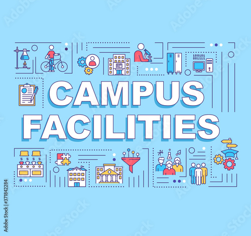 Campus facilities word concepts banner. University infrastructure. Student living. Infographics with linear icons on blue background. Isolated typography. Vector outline RGB color illustration