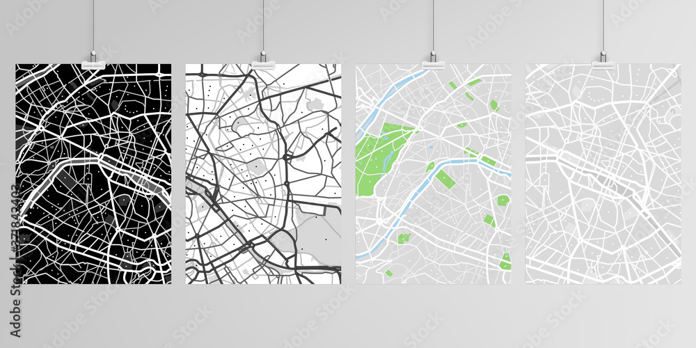 Realistic vector layouts of A4 format mockup design templates with urban city map of Paris for brochure, flyer, cover design, book, magazine, brochure, poster.