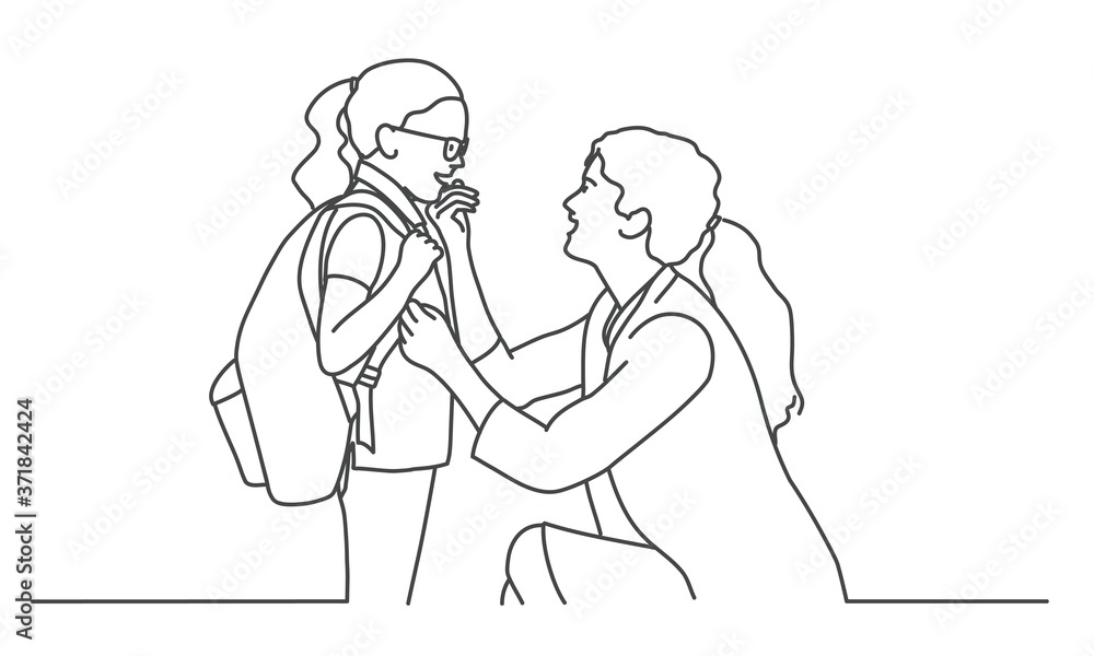 Mom takes her daughter to school. Line drawing vector illustration.