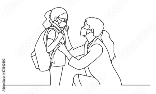 Mom takes her daughter to school. Line drawing vector illustration.
