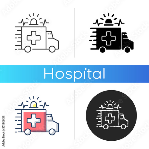 Emergency icon. Ambulance. Emergency response. Accident department. Urgent medical care center. Medical vehicle. Linear black and RGB color styles. Isolated vector illustrations