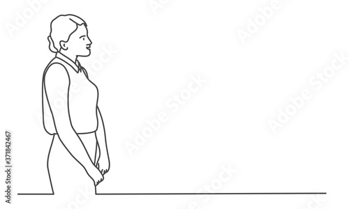 Line drawing vector illustration of standing young woman.