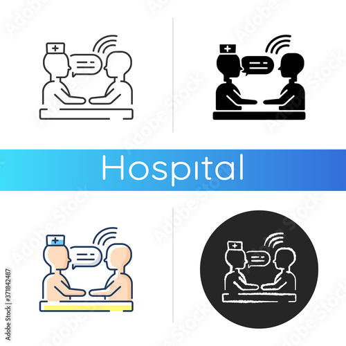 Therapy icon. Counseling. Psychotherapy. Talking and cognitive behavior therapy. Therapist and psychologist. Mental health. Linear black and RGB color styles. Isolated vector illustrations