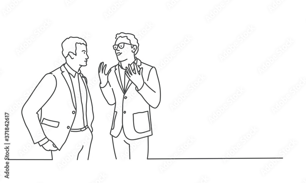 Line drawing vector illustration of two talking businessman.