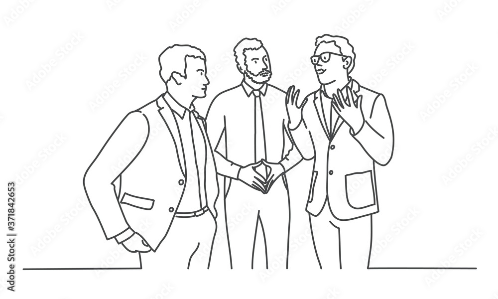 Three businessmen talking to each other. Line drawing vector illustration.