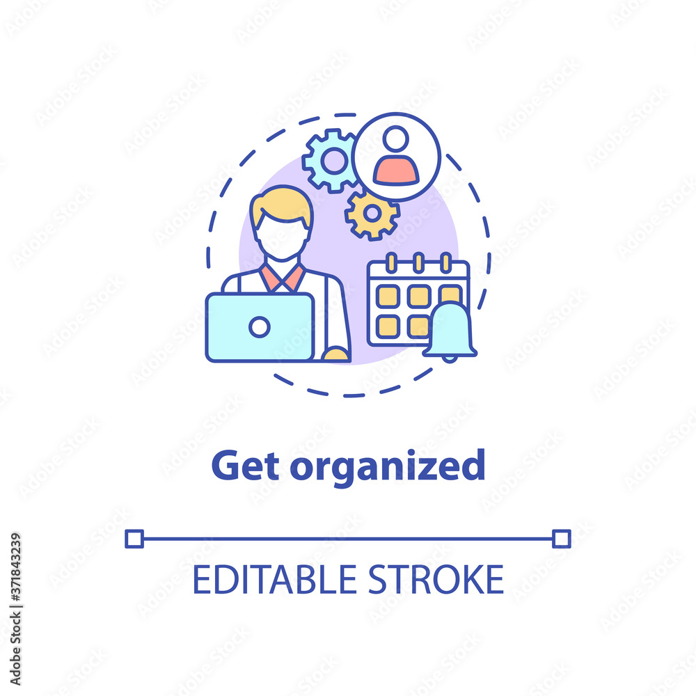 Fototapeta premium Get organized concept icon. Freshman time management. Project and assignment completion. College life idea thin line illustration. Vector isolated outline RGB color drawing. Editable stroke