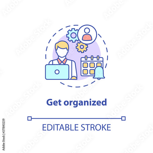 Get organized concept icon. Freshman time management. Project and assignment completion. College life idea thin line illustration. Vector isolated outline RGB color drawing. Editable stroke