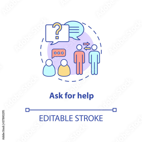 Ask for help concept icon. Assistance for freshman. Student assistance. Support from helpdesk. College lifestyle idea thin line illustration. Vector isolated outline RGB color drawing. Editable stroke