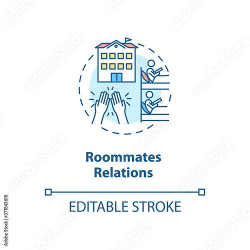 Roommates relations concept icon. Dormitory partner. Mate for room rental in university. College life idea thin line illustration. Vector isolated outline RGB color drawing. Editable stroke