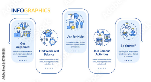 Student life vector infographic template. University activities presentation design elements. Data visualization with 5 steps. Process timeline chart. Workflow layout with linear icons