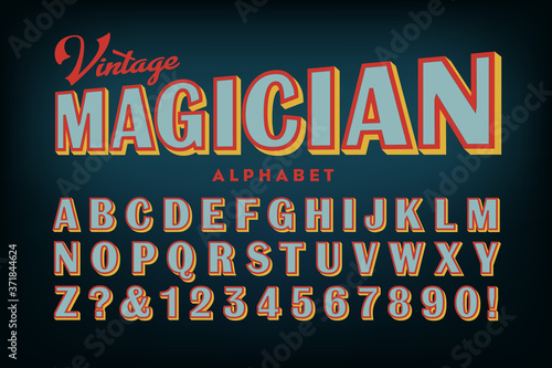 Vintage Magician Alphabet; A Late Victorian Era Sans Serif Style, As Seen on Old Sho0w Posters from Around the Turn of the 20th Century. Basic Tricolor Effect on Retro Block Lettering.