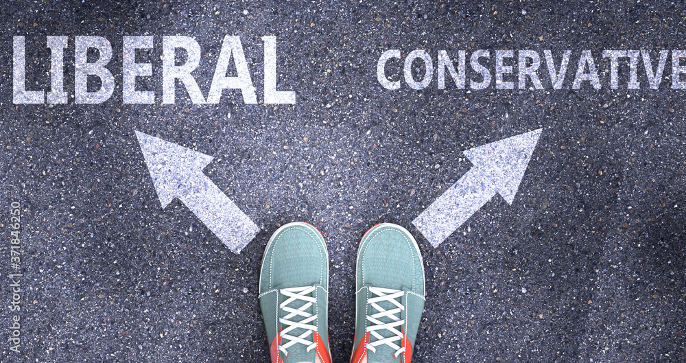Liberal and conservative as different choices in life - pictured as words Liberal, conservative on a road to symbolize making decision and picking either one as an option, 3d illustration Liberal and conservative as different choices in life - pictured as words Liberal, conservative on a road to symbolize making decision and picking either one as an option, 3d illustration