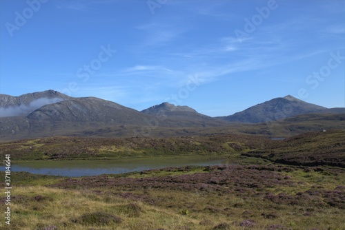 mountain landscape with blue sky, south uist, outer hebrides