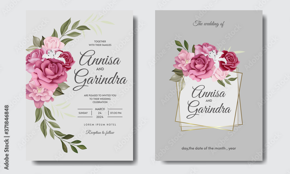  Elegant wedding invitation card with beautiful floral and leaves template Premium Vector