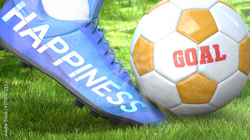 Happiness and a life goal - pictured as word Happiness on a football shoe to symbolize that Happiness can impact a goal and is a factor in success in life and business  3d illustration