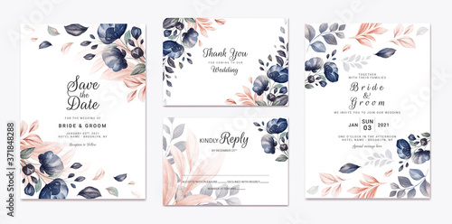 Fotografia Floral wedding invitation template set with navy and peach watercolor roses and leaves decoration