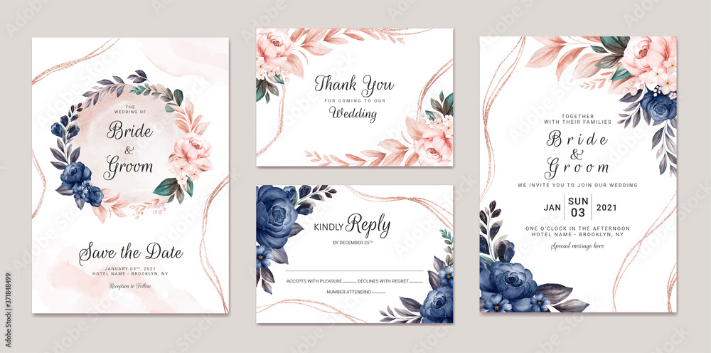 Fototapeta Floral wedding invitation template set with navy and peach watercolor roses and leaves decoration. Botanic card design concept
