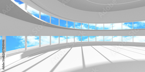 Empty white room interior with window to sky. 3d render