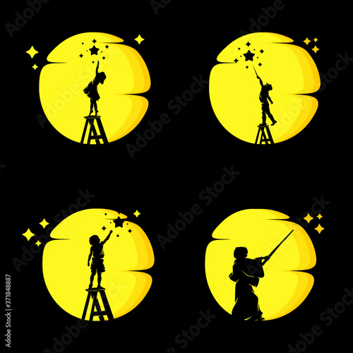 Set of Little kids reach dreams on the moon