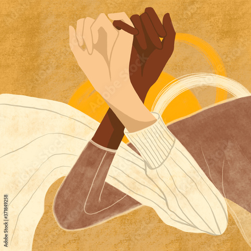 Two hands holding each other. Women's graceful hands. European and African American. Conceptual illustration, friendship, girlfriends. Fashion modern illustration on abstract textured background