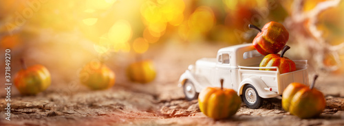 White retro truck with pumpkins in forest with festive bokeh background. Conc...