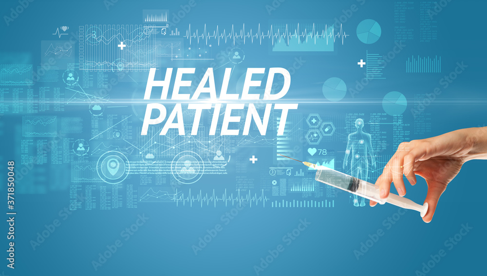 Syringe needle with virus vaccine and HEALED PATIENT inscription, antidote concept Syringe needle with virus vaccine and HEALED PATIENT inscription, antidote concept