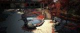 Authentic Asian courtyard. A path surrounded by stones leading to a wooden bridge over a pond with fallen orange leaves. Beautiful autumn wallpaper. Photorealistic 3D illustration.