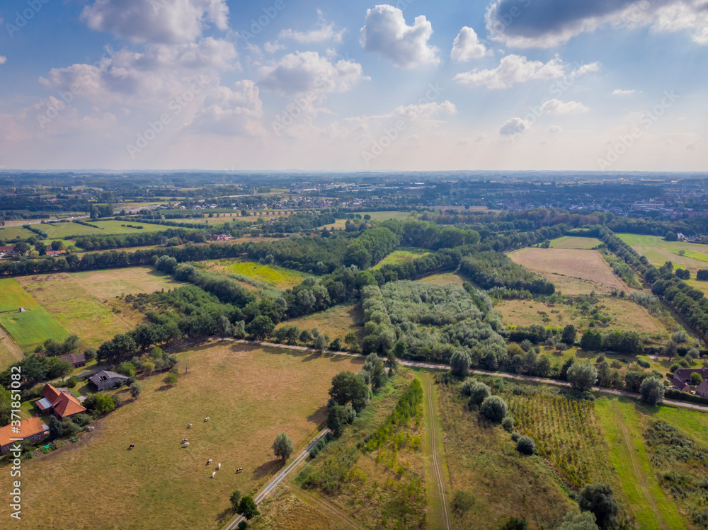 Aerial high angle of De Pinte aerea, agricultural village near Ghent, Belgium. Nature and Landscape