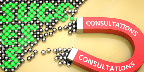 Consultations attracts success - pictured as word Consultations on a magnet to symbolize that Consultations can cause or contribute to achieving success in work and life, 3d illustration