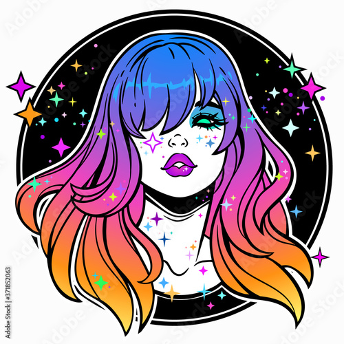 face of cute girl with colorful hair