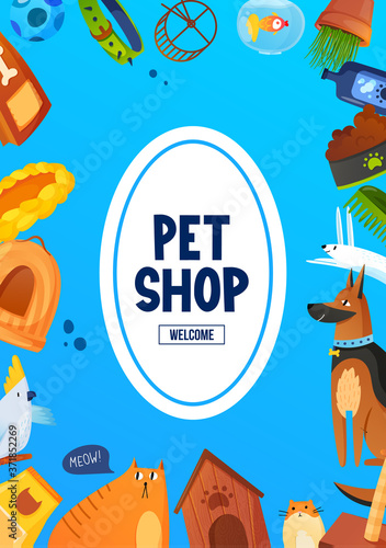 Animals with pet care equipment and text label.