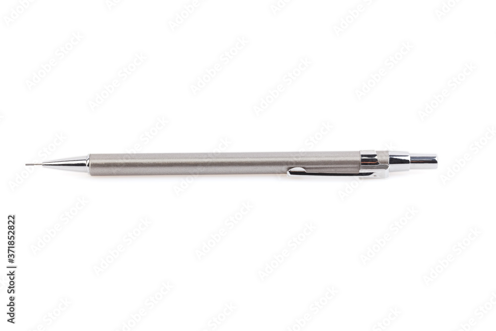 Silver metal mechanical pencil on white background. Mechanical pencil isolated on white. Close-up. Silver metal mechanical pencil on white background. Mechanical pencil isolated on white. Close-up.