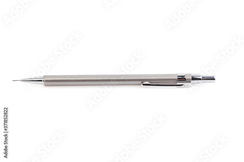 Silver metal mechanical pencil on white background. Mechanical pencil isolated on white. Close-up.