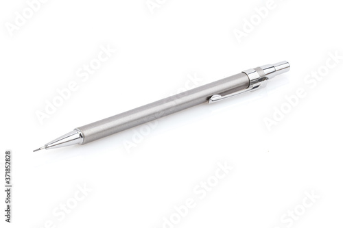 Silver metal mechanical pencil on white background. Mechanical pencil isolated on white. Close-up. Full depth of field.