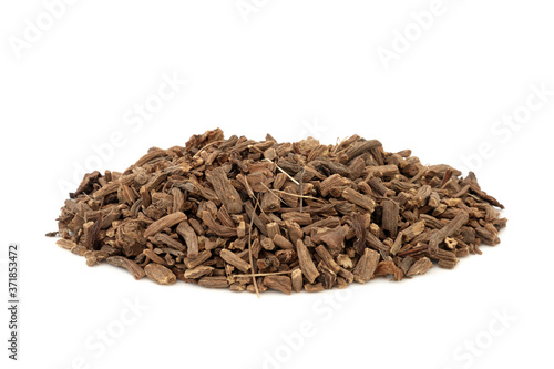 Konstfotografi Valerian herb root used in herbal medicine as a tranquilizer & to treat insomnia, anxiety, hypertension, pain relief and is a muscle relaxant, on white background