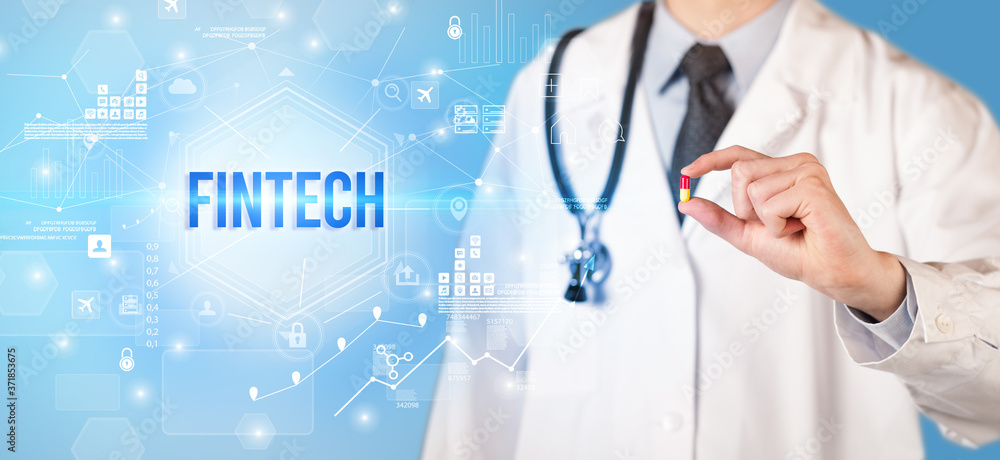 Doctor giving a pill with FINTECH inscription, new technology solution concept Doctor giving a pill with FINTECH inscription, new technology solution concept